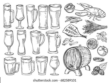 Beer glasses and mugs. Sketch set of beer glasses and mugs in ink hand drawn style.Set of beer objects. Hand drawing