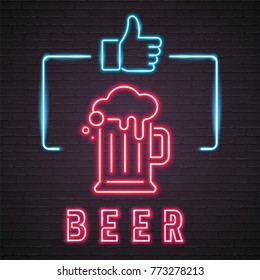 Beer Glasses Neon Light Glowing Glass with Like Icon. Bright Signboard, Light Red Colour Illustration