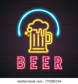 Beer Glasses Neon Light Glowing Vector Illustration. Bright Signboard, Light Red, Yellow and Blue Colour