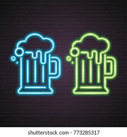 Beer Glasses Neon Light Glowing Vector Illustration Design. Bright Signboard, Light Blue and Green Colour