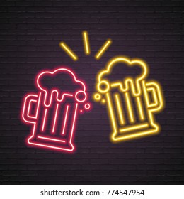 Beer Glasses Neon Light Glowing Vector Graphic Illustration Design