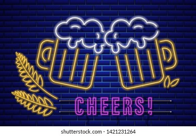 Beer glasses neon sign Vector. Fresh drink Cheers symbol icon template