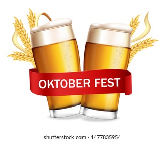 Beer glasses October fest poster Vector realistic. Fresh sparkling drink. 3d detailed illustration template