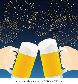 beer glasses on background of night sky with fireworks.