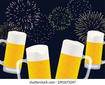 beer glasses on background of night sky with fireworks.