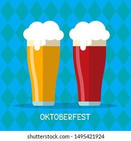 Beer glasses on blue background with stylized Bavarian flag. October beer festival in the Munich, Germany. Vector illustration. Design element for flyer, banner, leaflet or poster.