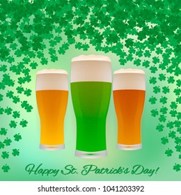 Beer glasses on  green background  with falling shamrocks confetti. Happy St. Patricks Day  greeting  card. Traditional irish vector illustration. Easy to edit design template for your artworks.