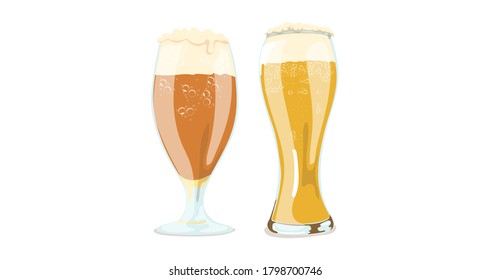 Beer glasses on a white background with frothy fresh beer