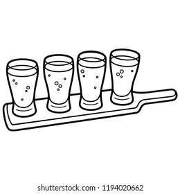 Beer Glasses on a Wooden Tray. Vector flat outline icon illustration isolated on white background