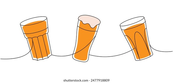 Beer glasses one line colored continuous drawing. Beer pub products continuous one line illustration. Vector linear illustration.