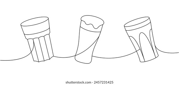 Beer glasses one line continuous drawing. Beer pub products continuous one line illustration. Vector linear illustration.