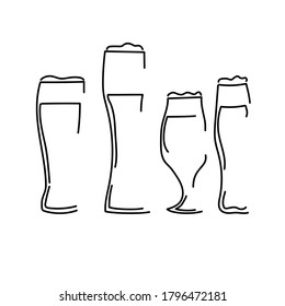 Beer glasses outline illustration set, containers for drinks of various shapes, thin contour stylized art for design and creativity