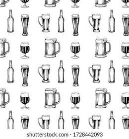 Beer glasses pattern.  Bottle, glass, goblet with beer freehand drawing. Black and white engraving. 