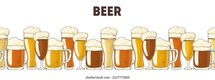 Beer glasses. Pub or bar menu design template. Horizontal seamless background. Hand drawn vector illustration.