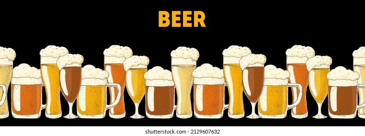 Beer glasses. Pub or bar menu design template. Horizontal seamless background. Hand drawn vector illustration.