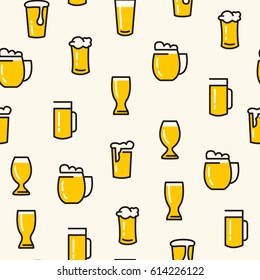Beer glasses seamless pattern with different kinds of glasses pulled light beers on the white background vector illustration