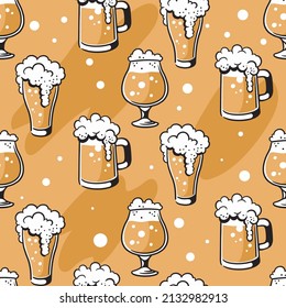 Beer in glasses. Seamless pattern with hand drawn vector illustrations