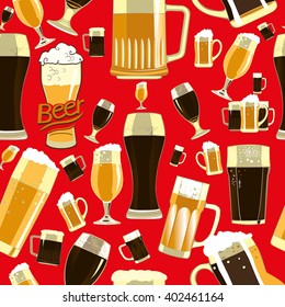 Beer glasses seamless pattern.Seamless pattern contains images of beer mugs,beer glasses and text on red background.