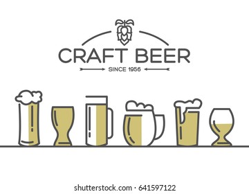 Beer glasses set collection with different kinds of glasses pulled light beers and malts hand drawing on the white background vector illustration
