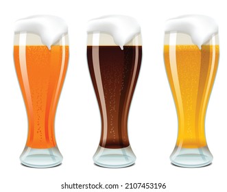 Beer glasses set dark, lager and red isolated on white background