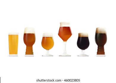 Juego de lentes de cerveza. Diferentes tipos de cerveza y vasos: Lager, IPA, Golden Ale, APA, Stout, DIPA. ... Puede ser utilizado para la WEB, impresión, publicidad e información sobre su restaurante o cervecería.