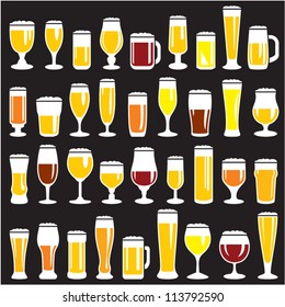 Beer glasses set. Beer mugs. Bar menu background vector easy change colors. 36 different vector forms.