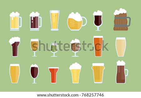 Beer glasses set. Stout and lager, dark and light with foam.
