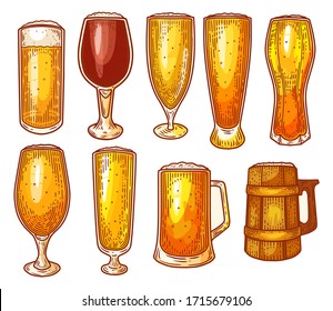 Iconos de copas de cerveza, cristales de cerveza artesanales, jardinería de madera o de barro de madera, cristales vectoriales de bebidas alcohólicas. Gafas de cerveza artesanal con espuma, festival Oktoberfest, bebidas de taberna y elementos de menú del bar de cervecería