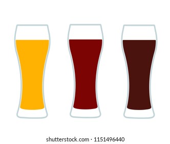 Beer glasses. Three versions light beer, dark beer and amber beer. Isolated vector illustration on white background.