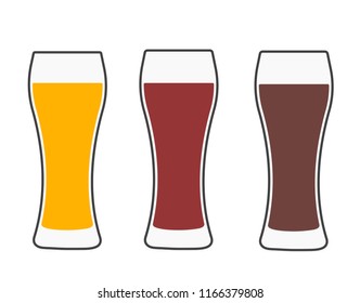 Beer glasses. Three versions light beer, dark beer and amber beer. Isolated vector illustration on white background.