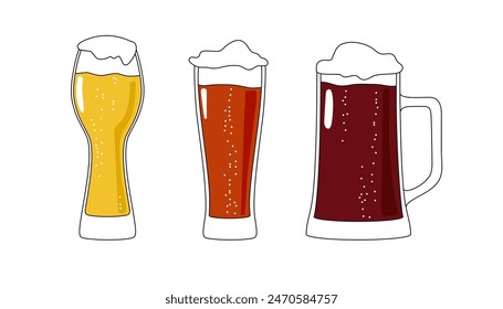 Vasos de cerveza. Tres versiones de cerveza clara, cerveza oscura y cerveza ámbar. Ilustración vectorial aislada sobre fondo blanco.