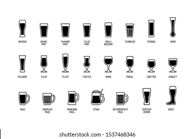 Beer glasses with titles, black and white icons. Vector