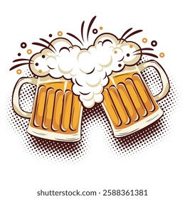 Beer glasses toast icon with splash and foam. Vector in comic style on transparent background