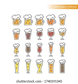 Beer glasses types colorful cartoon with editable stroke. Line mug, pint, pilsner glass vector icon set.