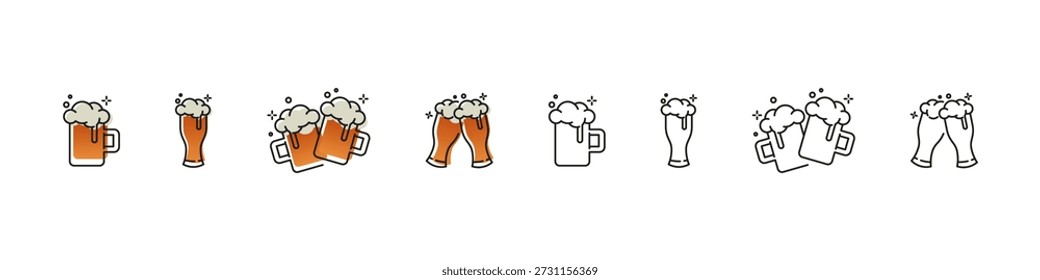 Beer glasses vector outline colored icon set. Beverage drinkware and pub collection