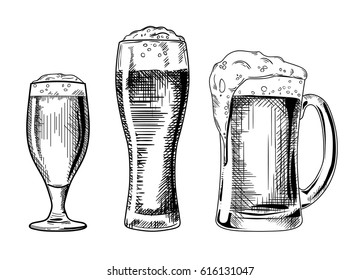 Beer glasses. Vector vintage illustration isolated on white background. Ink hand drawn style