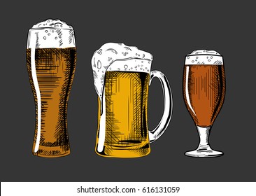 Beer glasses. Vector vintage illustration isolated on grey background. Ink hand drawn style