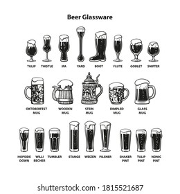 Beer glassware guide. Big vintage set of different types of beer glasses and mugs. Hand drawn engraving style vector illustration isolated on white background.