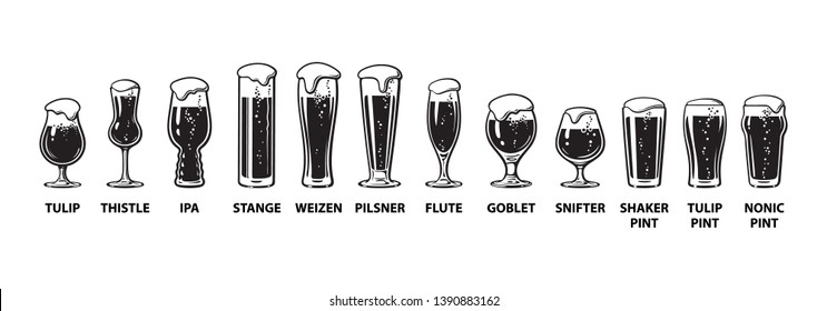 Beer glassware guide. Various types of beer glasses. Hand drawn vector illustration isolated on white background.
