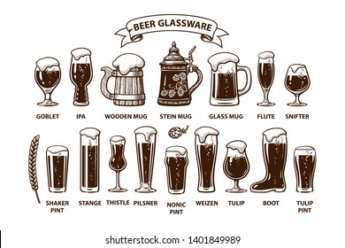 Beer glassware guide. Various types of beer glasses and mugs. Hand drawn engraving style vector illustration isolated on white background. Design elements for brewers festival, bar, pub decoration.