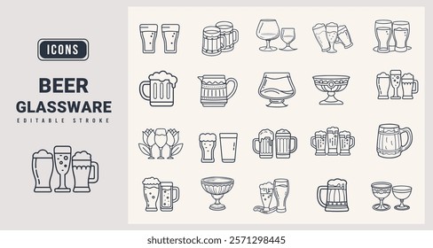 Beer Glassware Icons set. vector illustration in modern thin line style of beer glassware icons.