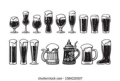 Beer glassware set. Various types of beer glasses and mugs. Hand drawn vector illustration isolated on white background.
