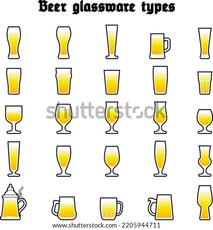 Beer glassware set. Various types of beer filled glasses and mugs. Color icones on white background, isolated.