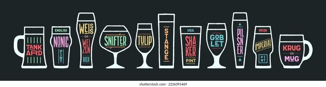 Beer glassware types. Poster banner with different types of glass, mug for beer. Graphic design print for kitchen design, wall decor. Poster for bar, pub, restaurant, beer theme. Vector Illustration