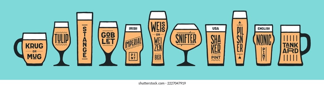 Beer glassware types. Poster banner with different types of glass, mug for beer. Graphic design print for kitchen design, wall decor. Poster for bar, pub, restaurant, beer theme. Vector Illustration