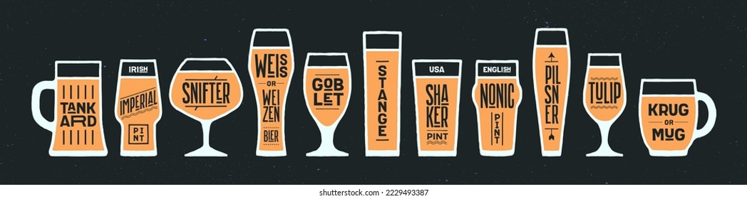 Beer glassware types. Poster banner with different types of glass, mug for beer. Graphic design print for kitchen design, wall decor. Poster for bar, pub, restaurant, beer theme. Vector Illustration