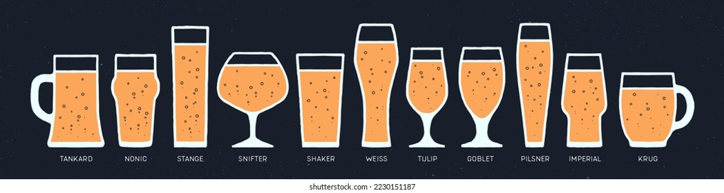 Beer glassware types. Poster banner with different types of glass, mug for beer. Graphic design print for kitchen design, wall decor. Poster for bar, pub, restaurant, beer theme. Vector Illustration