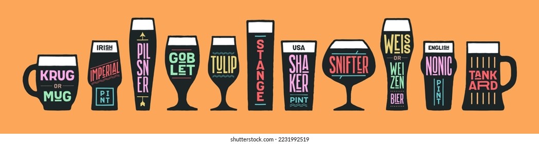 Beer glassware types. Poster banner with different types of glass, mug for beer. Graphic design print for kitchen design, wall decor. Poster for bar, pub, restaurant, beer theme. Vector Illustration