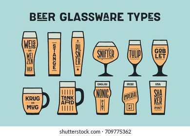 Beer glassware types. Poster or banner with different types of glass and mug for beer. Colorful graphic design for print, advertising. Poster for bar, pub, restaurant, beer theme. Vector Illustration