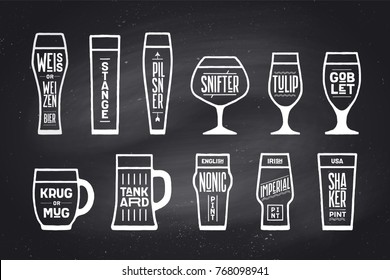 Beer glassware types. Poster or banner with different types of glass and mug for beer. Chalk graphic design on chalkboard. Poster for menu, bar, pub, restaurant, beer theme. Vector Illustration
